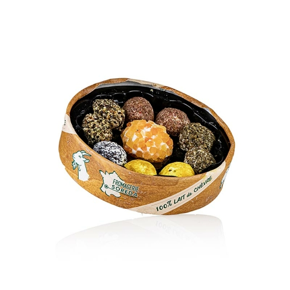 Ch&egrave;vre-Pralinen
					Ziegenfrischk&auml;sepralinen mit Papaya, Kr&auml;utern, Gew&uuml;rzen, 115 g
				