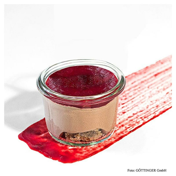 Vegane Schokoladentr&uuml;ffel-Creme mit Himbeerfruchtmark auf Nusskuchen
					720 g, 12 x 80 ml
				