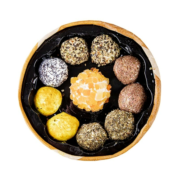 Ch&egrave;vre-Pralinen
					Ziegenfrischk&auml;sepralinen mit Papaya, Kr&auml;utern, Gew&uuml;rzen, 115 g
				